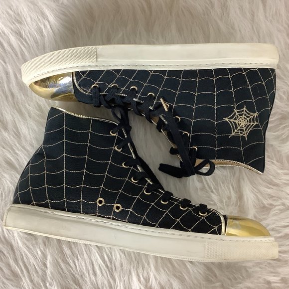 Charlotte Olympia Gold Toe Black High Top Spider Web Embroidered Sneakers EU 39 - Picture 4 of 8